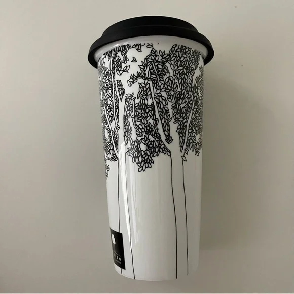 Black and White Artsy Double Walled Ceramic Porcelain Travel Mug - Picture 3 of 16